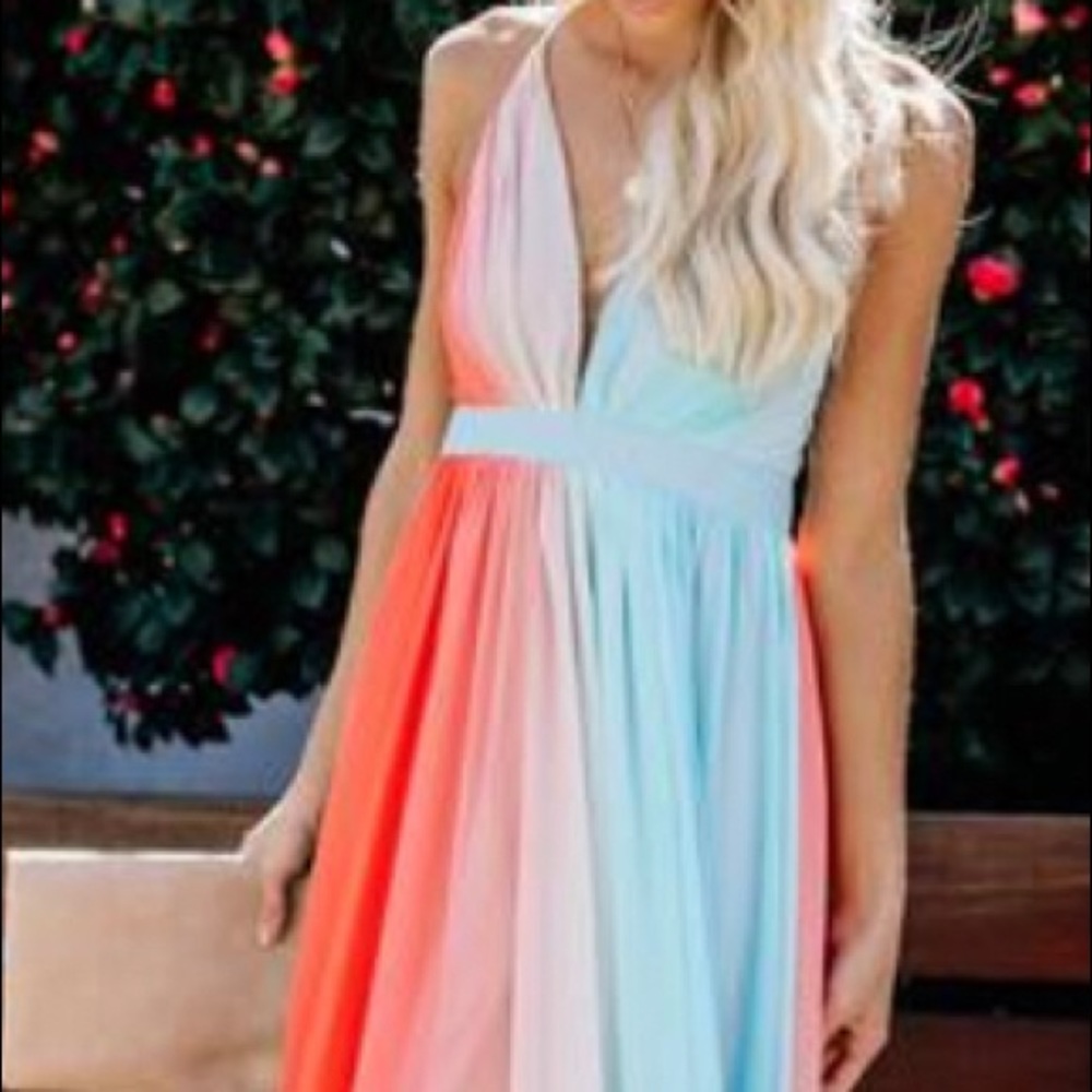 Blue/orange tulle racer back maxi dress